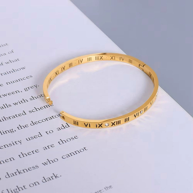 Gold-Plated AD Bangle-Style Anti Tarnish Roman Numerals Bracelet