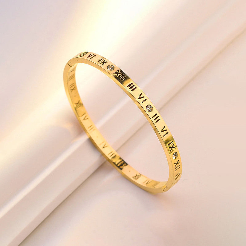 Gold-Plated AD Bangle-Style Anti Tarnish Roman Numerals Bracelet