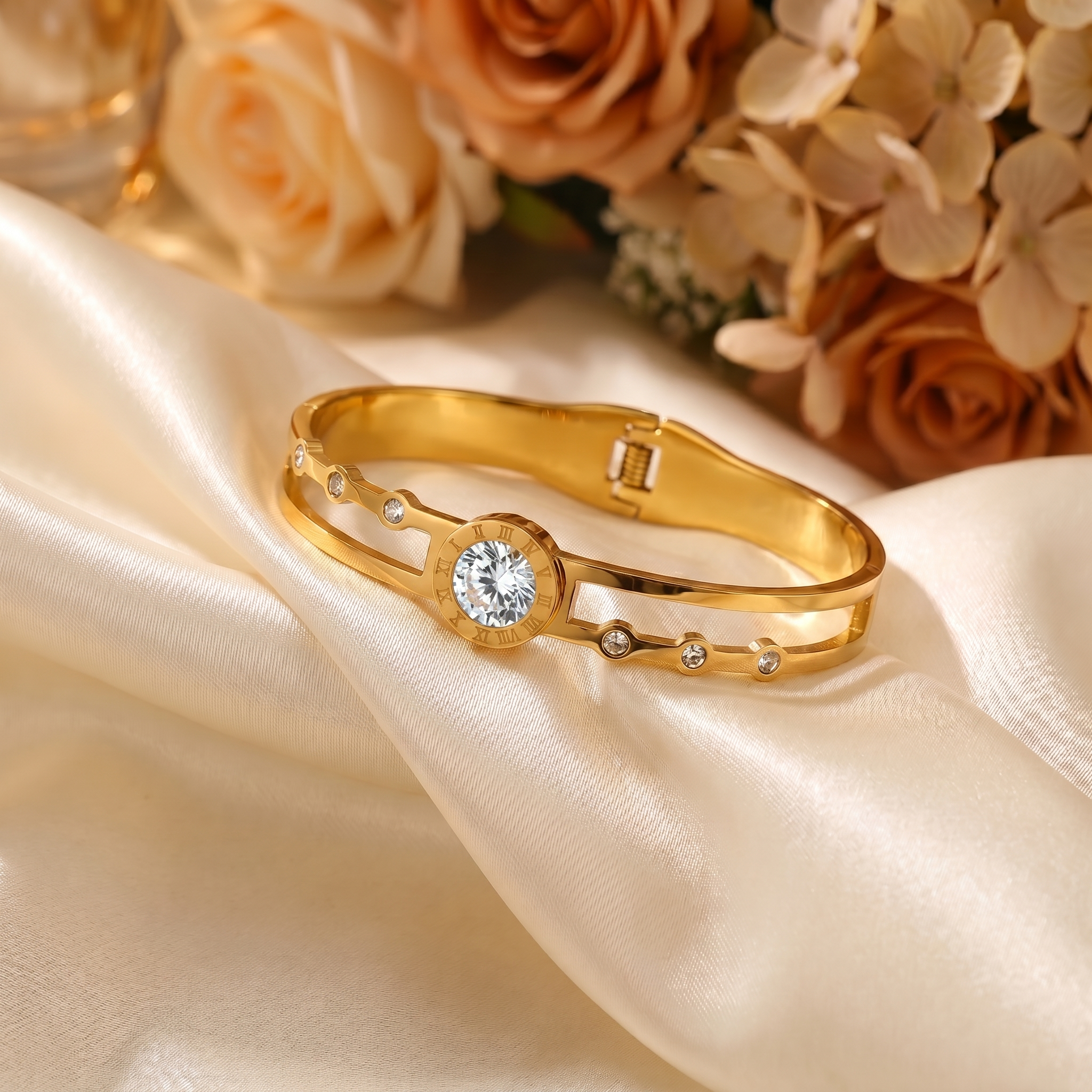 Gold Plated Stainless Steel Stone Embedded Anti Tarnish Bangle Style Bracelet