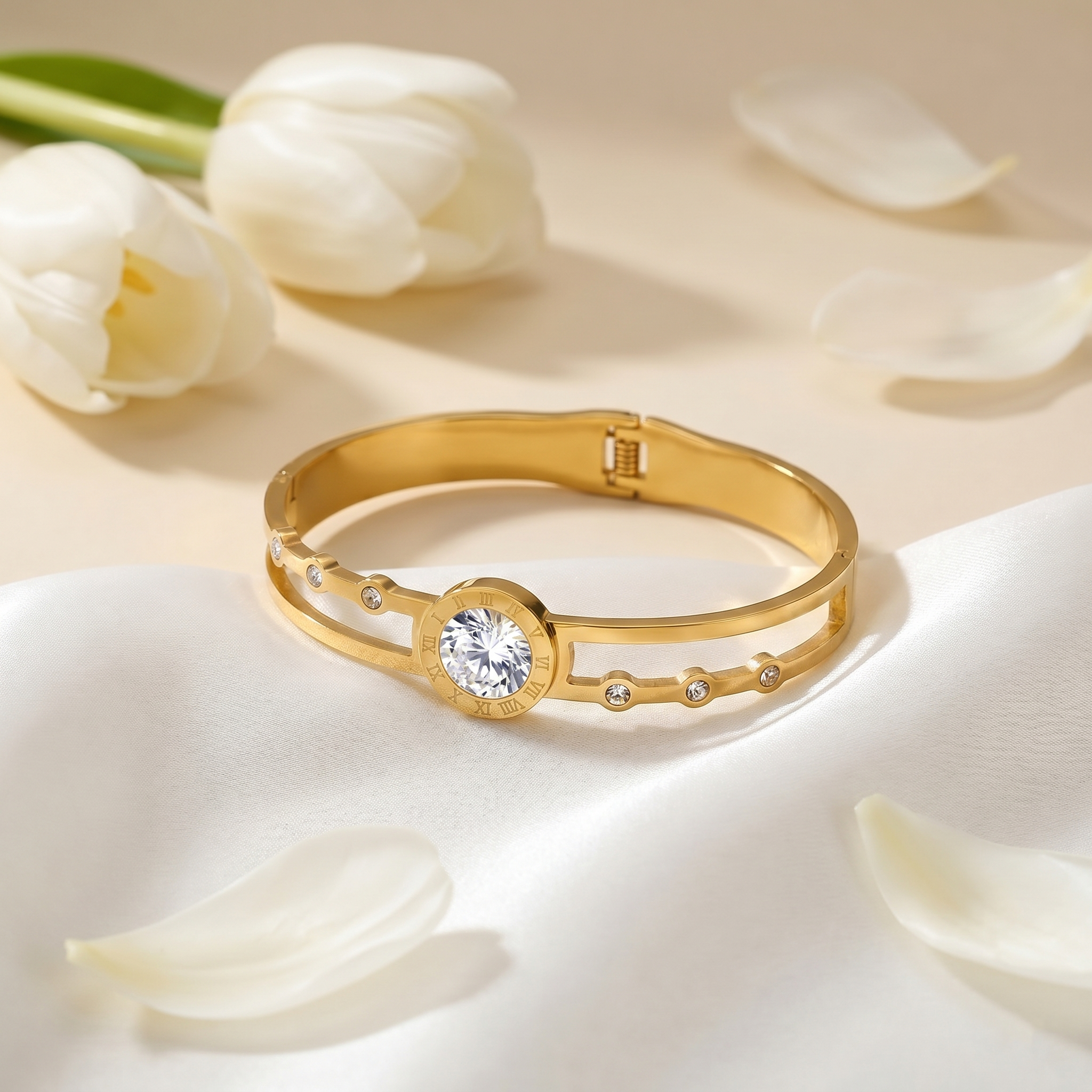 Gold Plated Stainless Steel Stone Embedded Anti Tarnish Bangle Style Bracelet