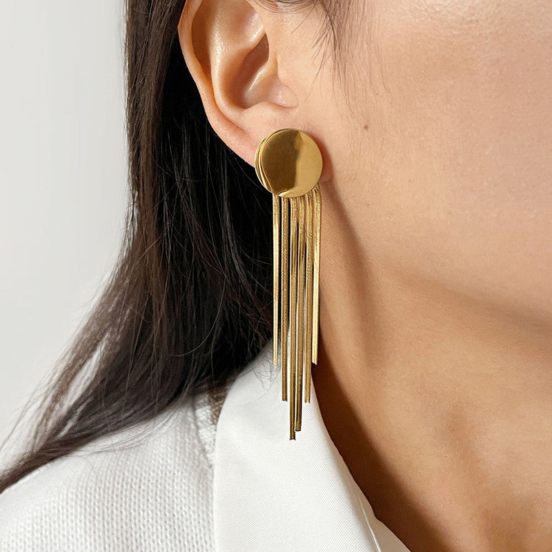 Gold Plated Stainless Steel Anti Tarnish Geometric Statement Tassel Earrings For Women