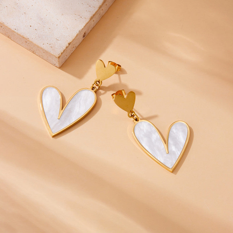 Gold Plated Stainless Steel Anti Tarnish Heart Themed Drop Earrings For Women