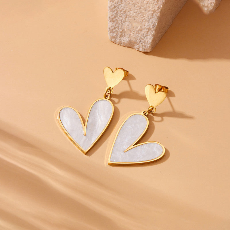 Gold Plated Stainless Steel Anti Tarnish Heart Themed Drop Earrings For Women
