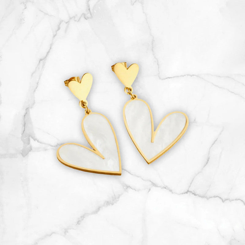 Gold Plated Stainless Steel Anti Tarnish Heart Themed Drop Earrings For Women