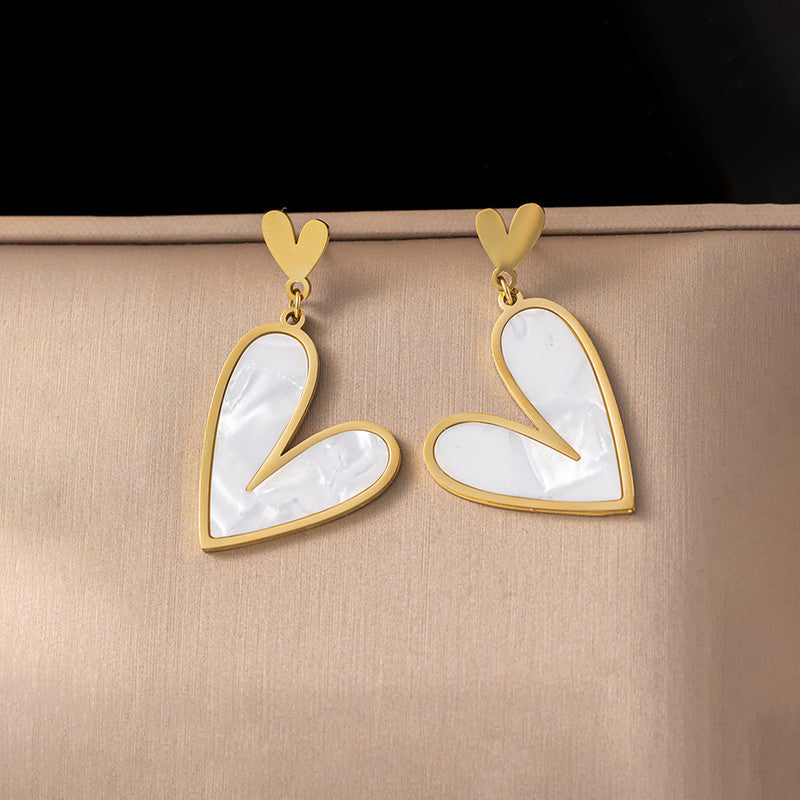 Gold Plated Stainless Steel Anti Tarnish Heart Themed Drop Earrings For Women