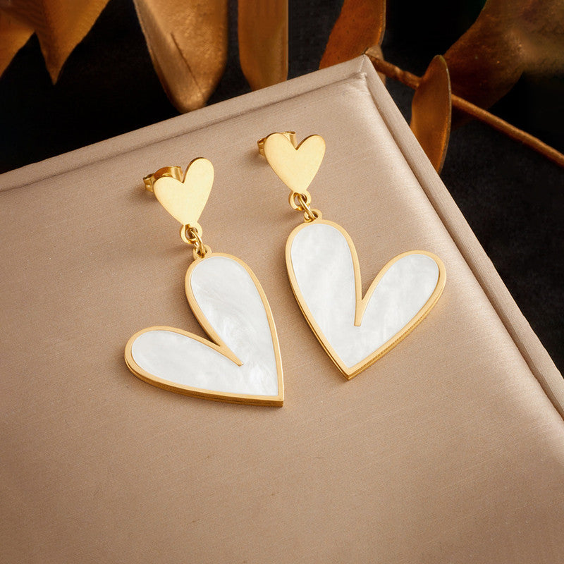 Gold Plated Stainless Steel Anti Tarnish Heart Themed Drop Earrings For Women