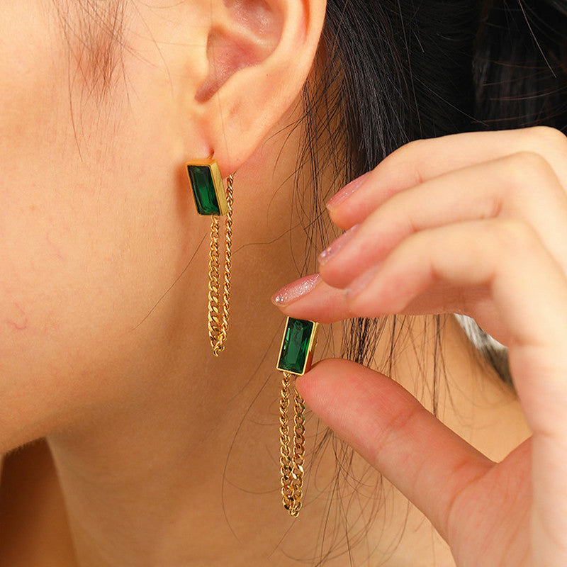 Gold Plated Stainless Steel Anti Tarnish Green Emerald Studded Chain Earrings For Women