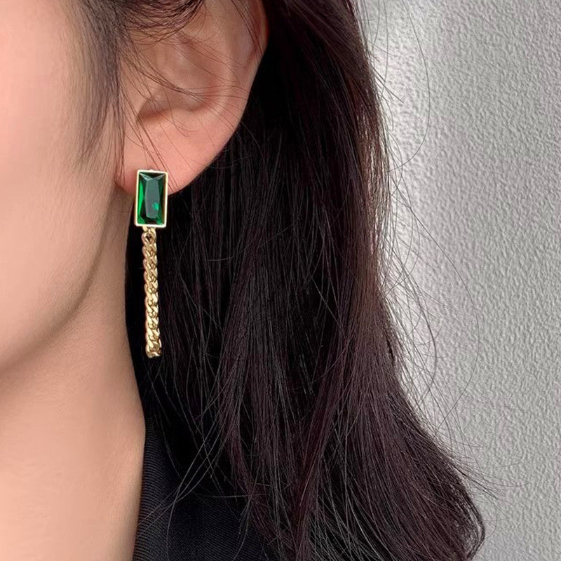 Gold Plated Stainless Steel Anti Tarnish Green Emerald Studded Chain Earrings For Women