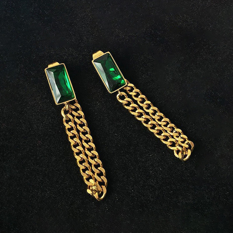 Gold Plated Stainless Steel Anti Tarnish Green Emerald Studded Chain Earrings For Women