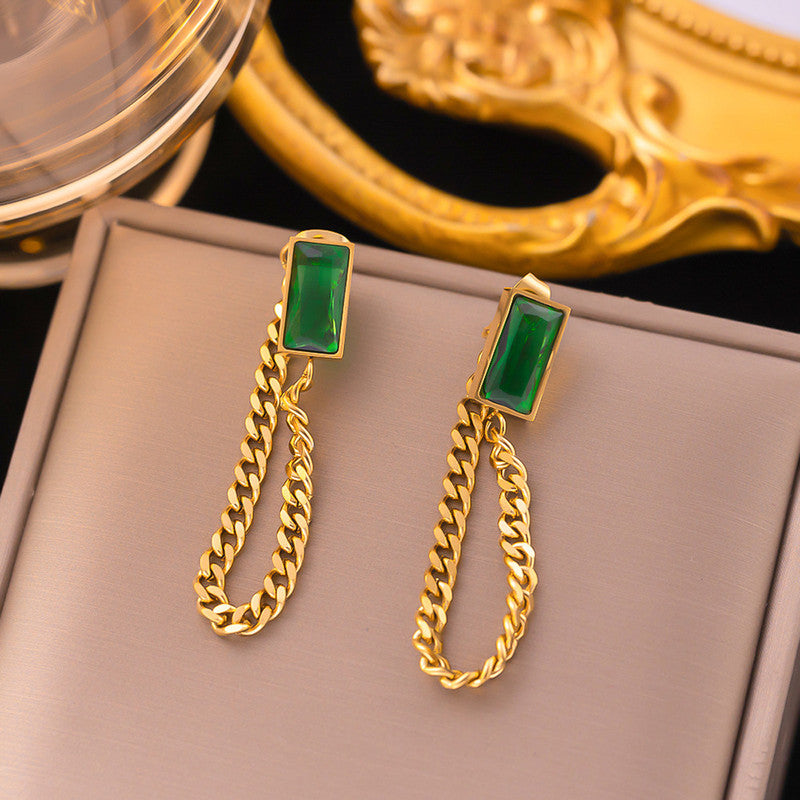 Gold Plated Stainless Steel Anti Tarnish Green Emerald Studded Chain Earrings For Women