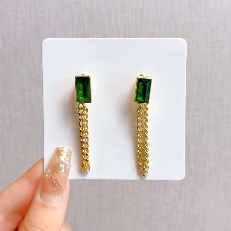Gold Plated Stainless Steel Anti Tarnish Green Emerald Studded Chain Earrings For Women