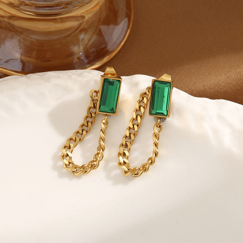 Gold Plated Stainless Steel Anti Tarnish Green Emerald Studded Chain Earrings For Women
