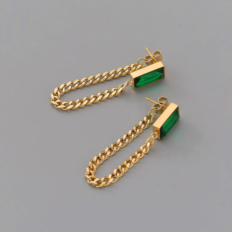 Gold Plated Stainless Steel Anti Tarnish Green Emerald Studded Chain Earrings For Women