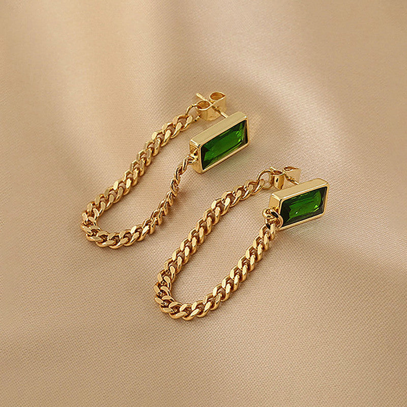 Gold Plated Stainless Steel Anti Tarnish Green Emerald Studded Chain Earrings For Women