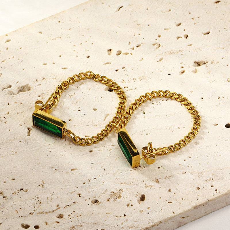 Gold Plated Stainless Steel Anti Tarnish Green Emerald Studded Chain Earrings For Women