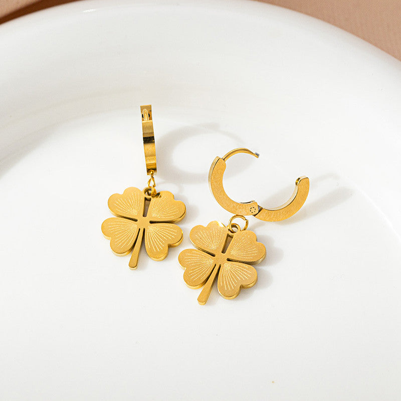 Gold Plated Anti Tarnish Stainless Steel Clover Themed Drop Earrings