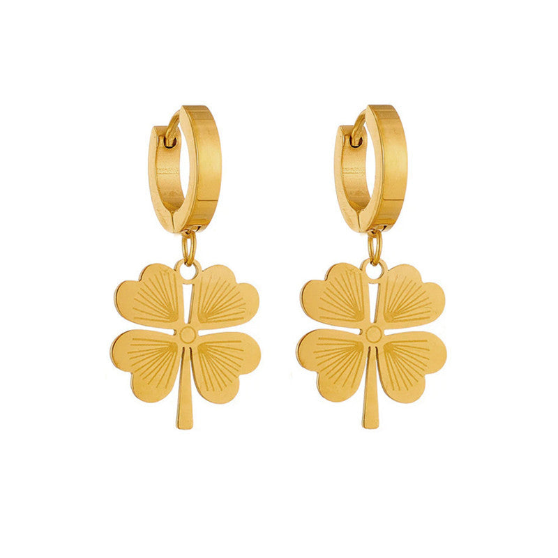 Gold Plated Anti Tarnish Stainless Steel Clover Themed Drop Earrings