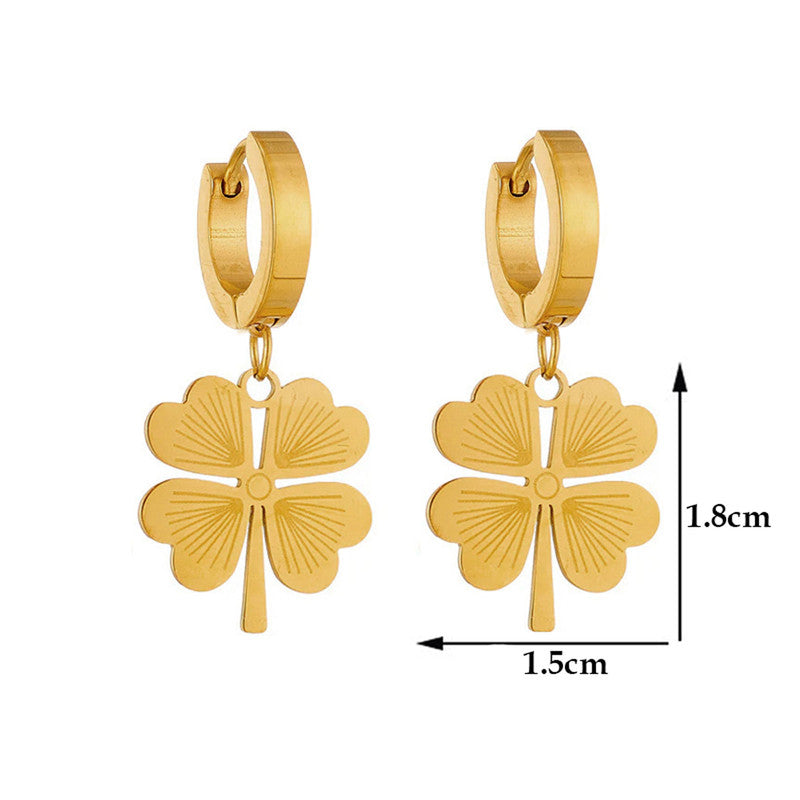 Gold Plated Anti Tarnish Stainless Steel Clover Themed Drop Earrings