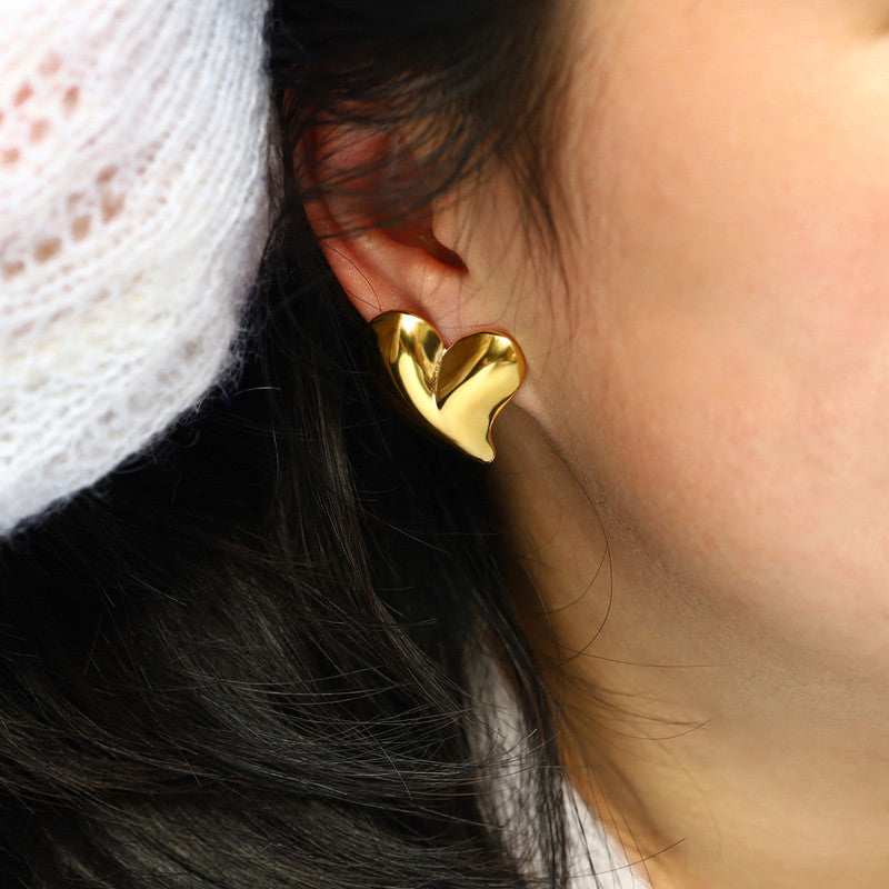 Gold Plated Anti Tarnish Stainless Steel Heart Themed Stud Earrings