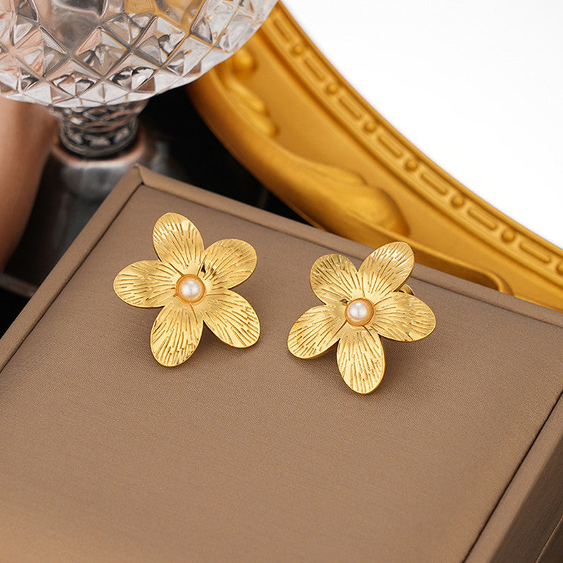 Gold Plated Stainless Steel Anti Tarnish Floral Themed Stud Earrings