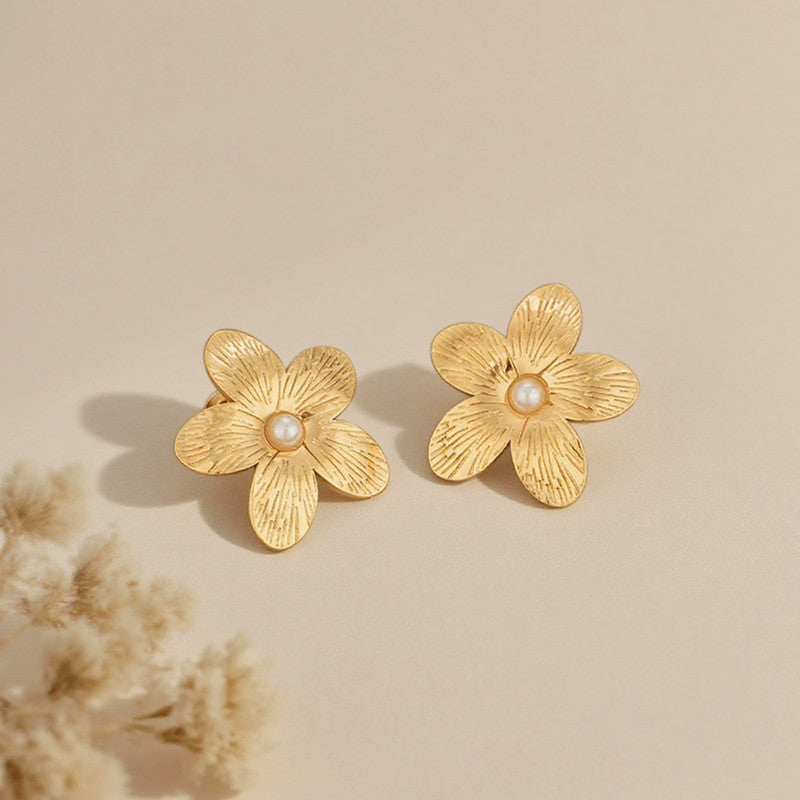 Gold Plated Stainless Steel Anti Tarnish Floral Themed Stud Earrings