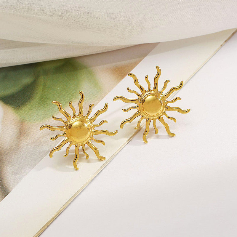Gold Plated Stainless Steel Anti Tarnish Sun Shaped Stud Earrings