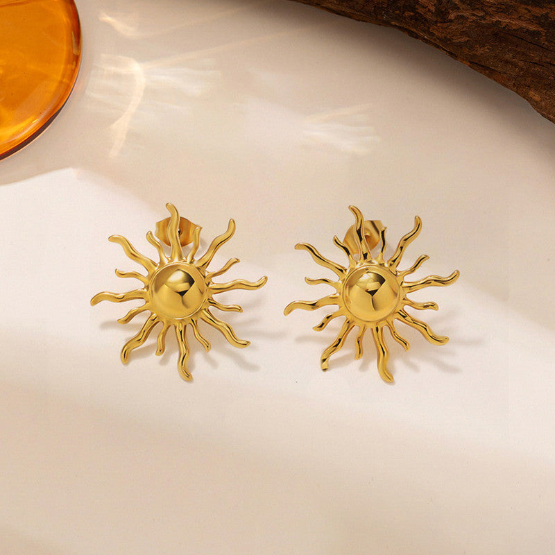 Gold Plated Stainless Steel Anti Tarnish Sun Shaped Stud Earrings