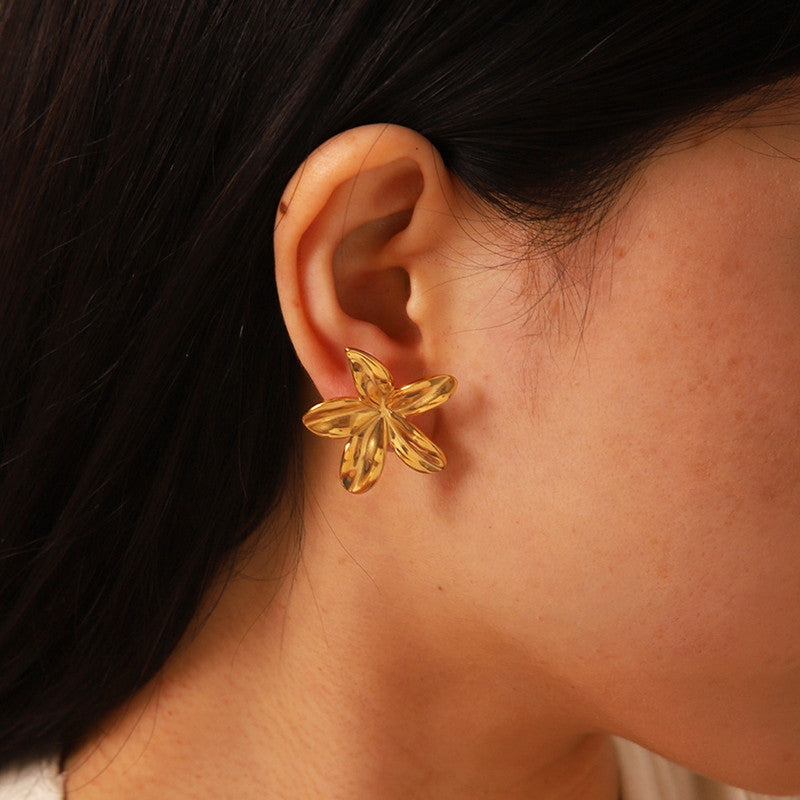 Gold Plated Stainless Steel Anti Tarnish Floral Themed Stud Earrings