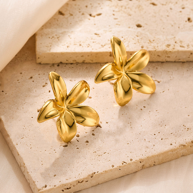 Gold Plated Stainless Steel Anti Tarnish Floral Themed Stud Earrings