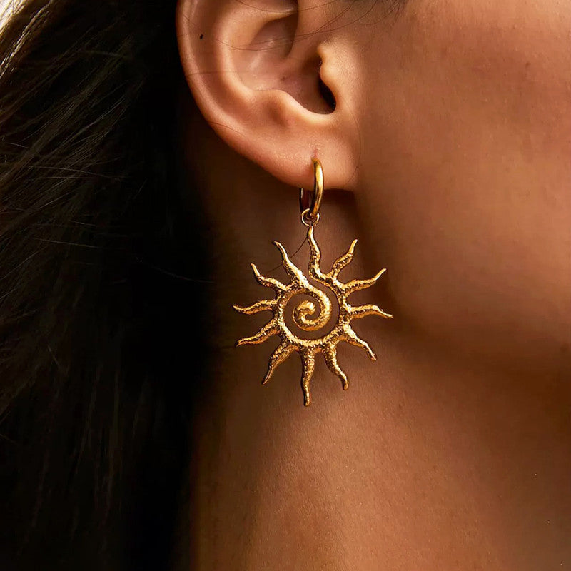 Gold Plated Stainless Steel Anti Tarnish Sun Shaped Stud Earrings