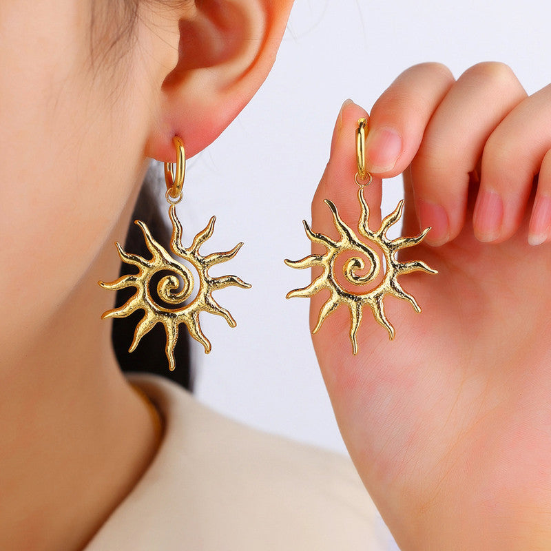 Gold Plated Stainless Steel Anti Tarnish Sun Shaped Stud Earrings