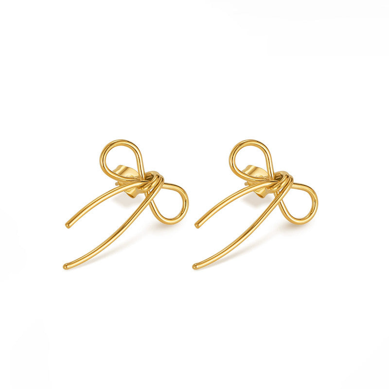 Gold Plated Stainless Steel Anti Tarnish Bow Themed Drop Earrings