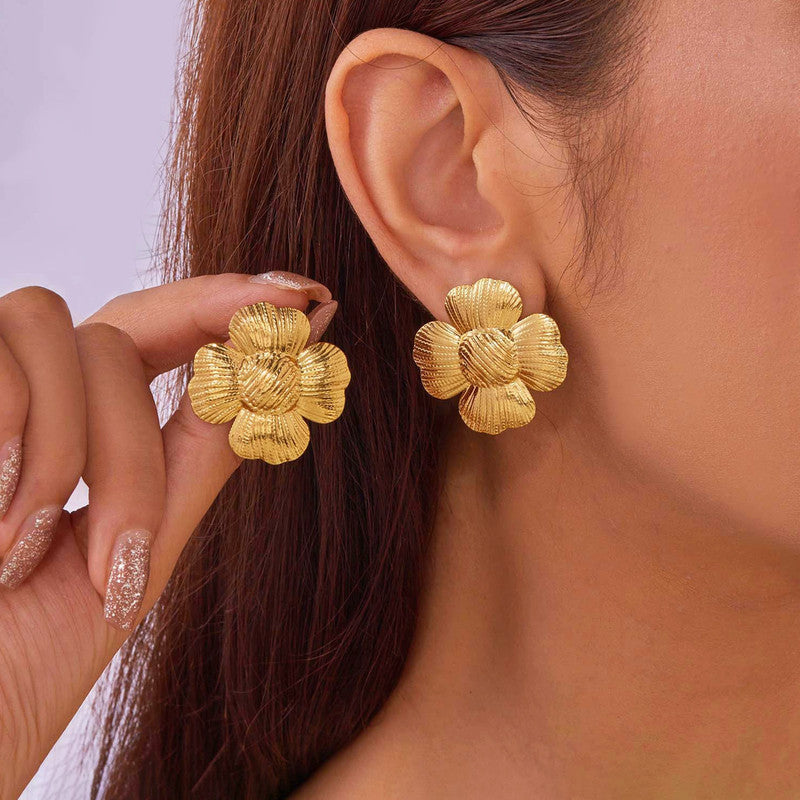 Gold-Plated Anti Tarnish Stainless Steel Floral themed Stud Earrings