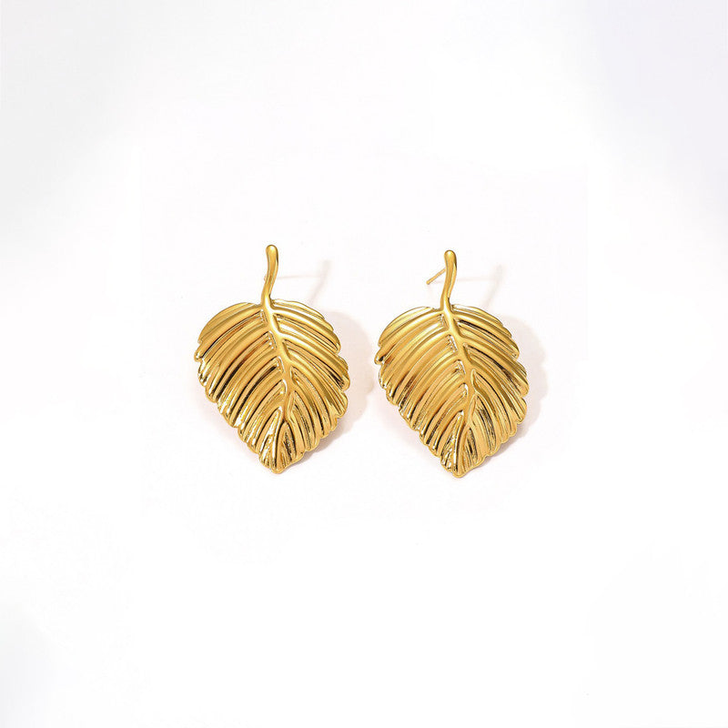 Gold-Plated Anti Tarnish Stainless Steel Leaf Shaped Stud Earrings
