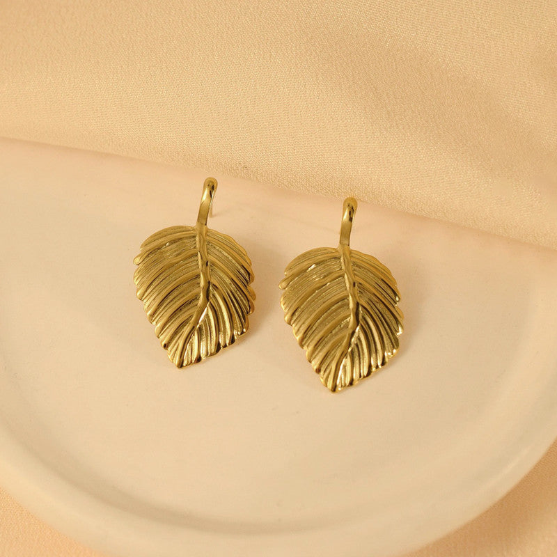 Gold-Plated Anti Tarnish Stainless Steel Leaf Shaped Stud Earrings