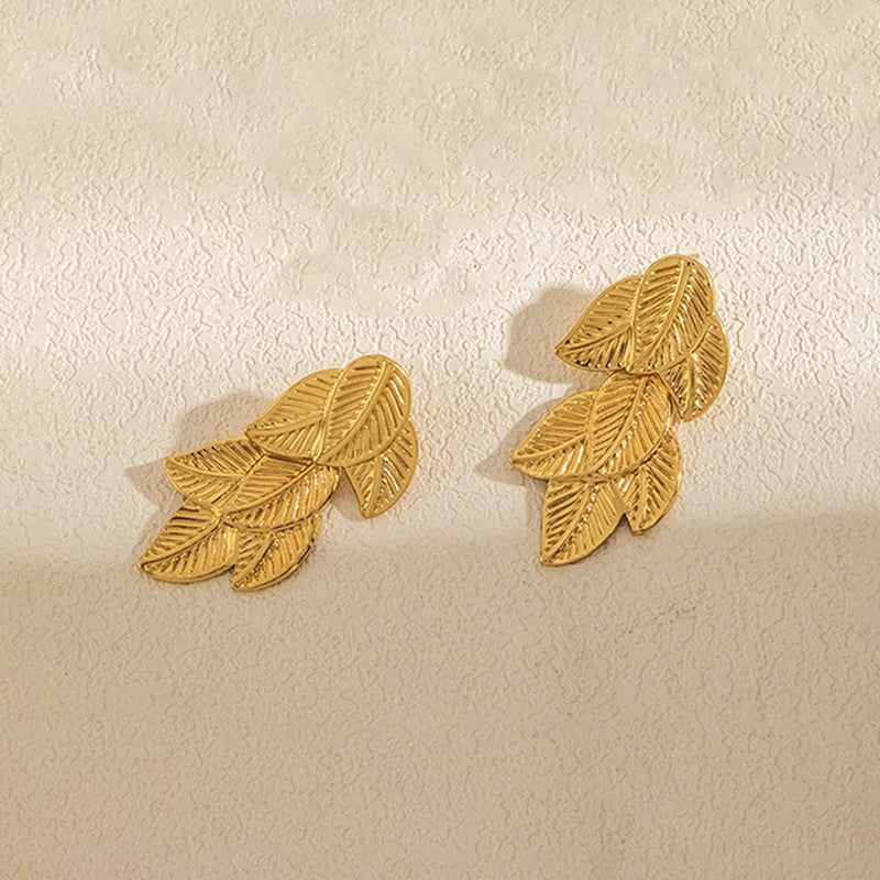 Gold-Plated Anti Tarnish Stainless Steel Leaf Shaped Drop Earrings