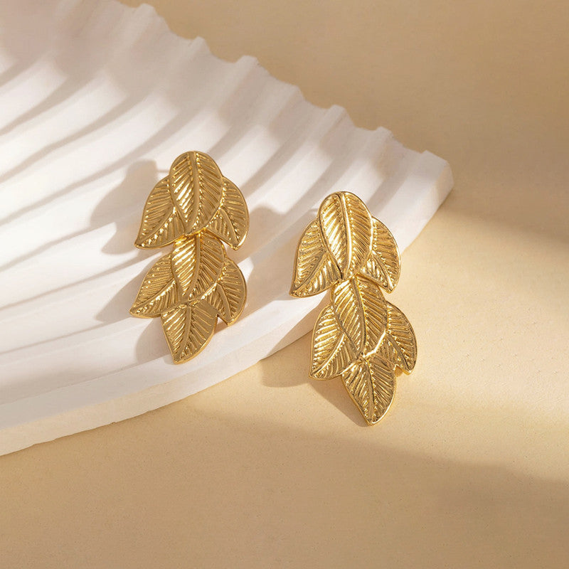Gold-Plated Anti Tarnish Stainless Steel Leaf Shaped Drop Earrings