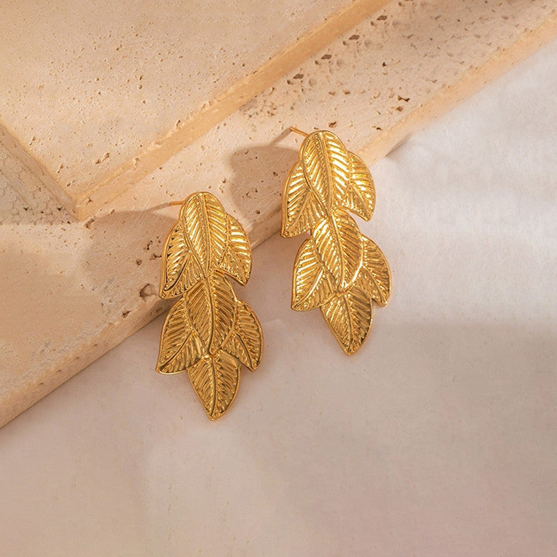 Gold-Plated Anti Tarnish Stainless Steel Leaf Shaped Drop Earrings