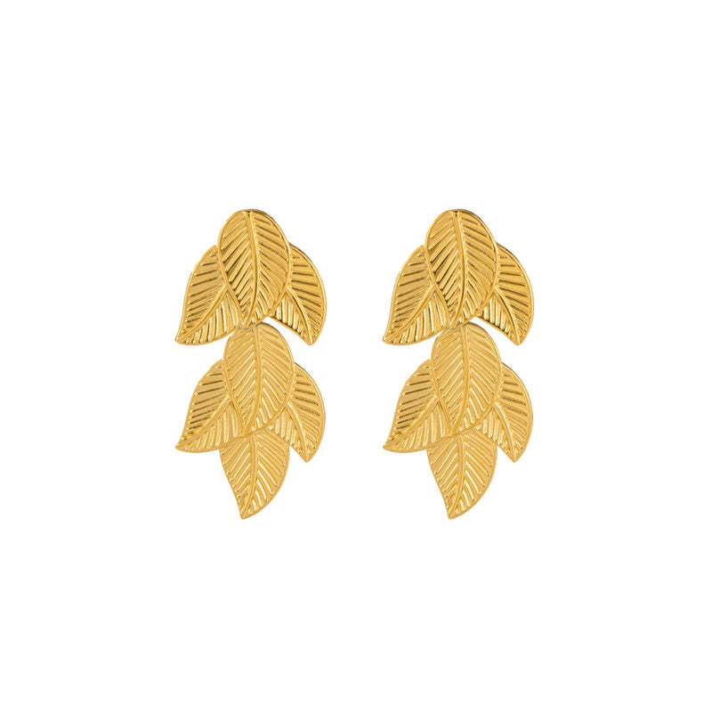Gold-Plated Anti Tarnish Stainless Steel Leaf Shaped Drop Earrings