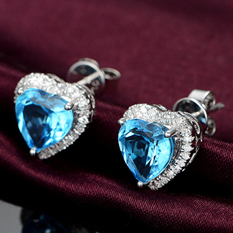 Silver Plated Anti Tarnish American Diamond Crushed Ice Cut Blue Heart Shape Stud Earrings - MySmartBazaar