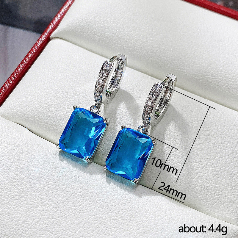 Silver Plated Anti Tarnish Blue Rectangular American Diamond Studded Crushed Ice Cut Drop Earrings