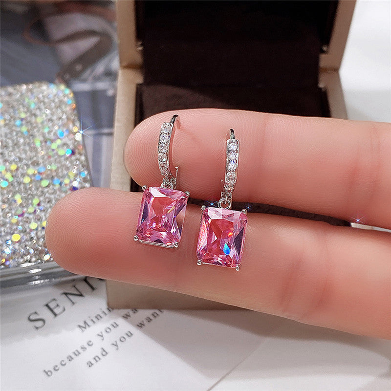 Silver Plated Anti Tarnish Pink Rectangular American Diamond Studded Crushed Ice Cut Drop Earrings