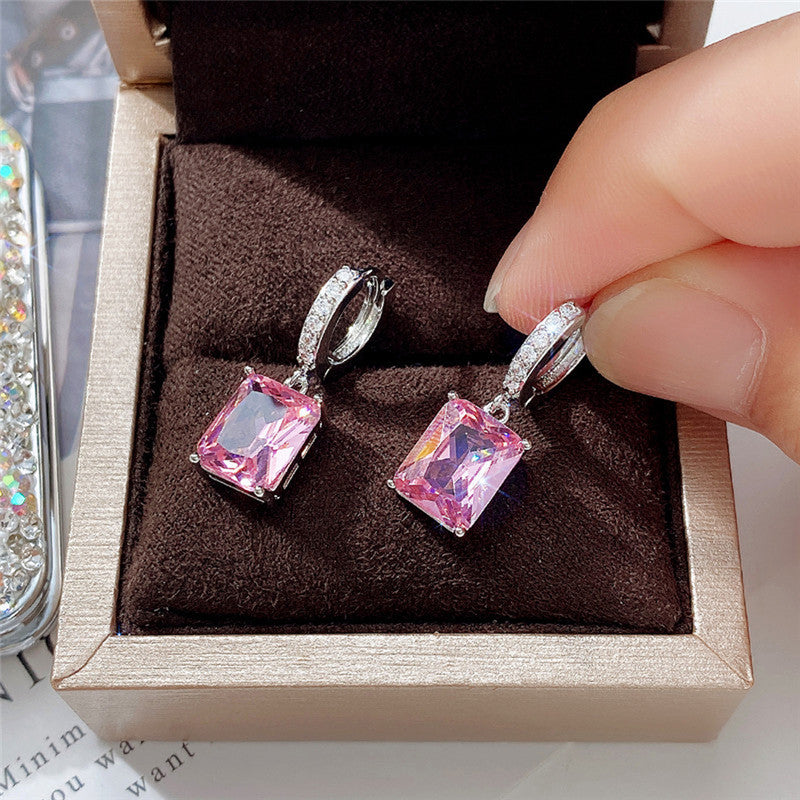 Silver Plated Anti Tarnish Pink Rectangular American Diamond Studded Crushed Ice Cut Drop Earrings