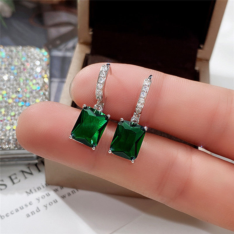 Silver Plated Anti Tarnish Green Rectangular American Diamond Studded Crushed Ice Cut Drop Earrings