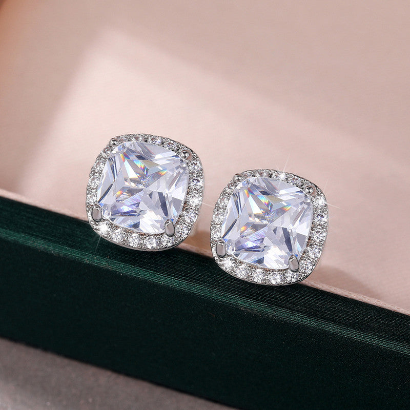 Silver Plated Anti Tarnish American Diamond Studded Silver Square Crushed Ice Cut Stud Earrings