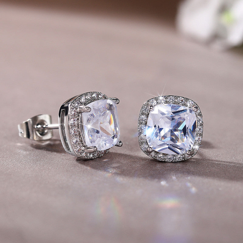 Silver Plated Anti Tarnish American Diamond Studded Silver Square Crushed Ice Cut Stud Earrings