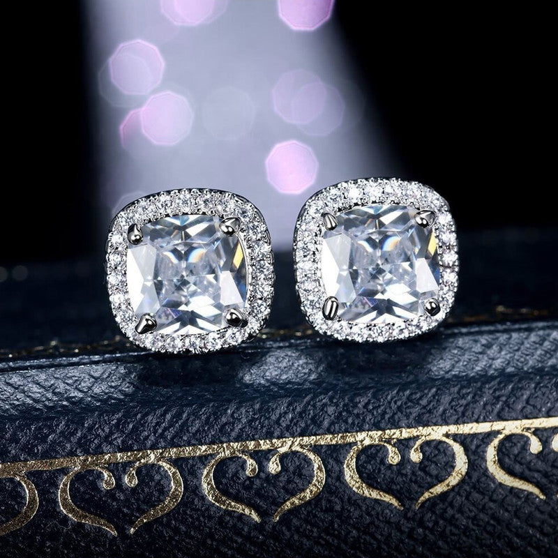 Silver Plated Anti Tarnish American Diamond Studded Silver Square Crushed Ice Cut Stud Earrings