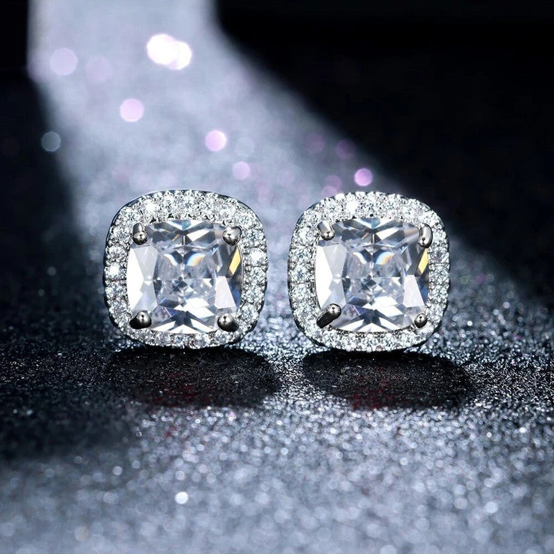 Silver Plated Anti Tarnish American Diamond Studded Silver Square Crushed Ice Cut Stud Earrings