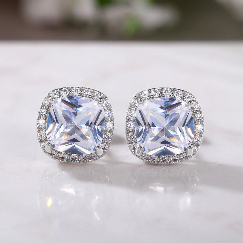 Silver Plated Anti Tarnish American Diamond Studded Silver Square Crushed Ice Cut Stud Earrings