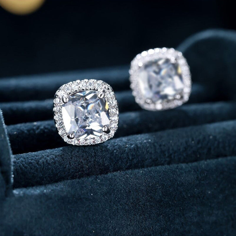 Silver Plated Anti Tarnish American Diamond Studded Silver Square Crushed Ice Cut Stud Earrings